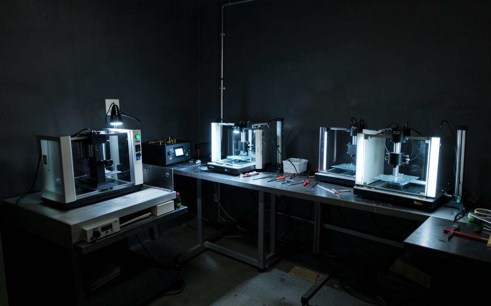 Verstas, jossa useita FDM-3D-tulostimia ja teräksinen työpöytä